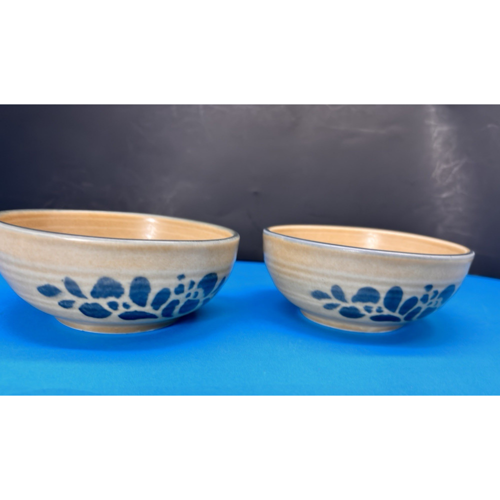 Vintage 2pc Pfaltzgraff Folkart SToneware Bowls 008 800 small Brown Blue Floral - Picture 12 of 16
